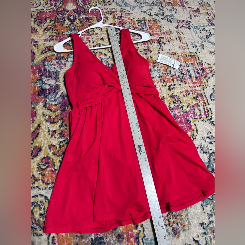 Red V-Neck Women's Swim Dress - Picture 9 of 13
